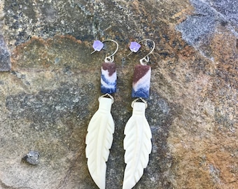 Brown and Blue Clay Beaded Earrings with Bone Feathers