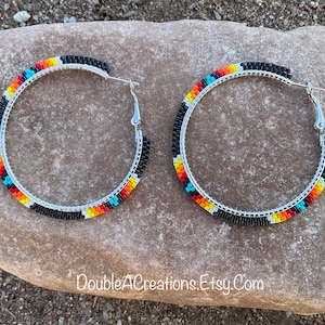 Black with Native Colors Beaded 2 inch Hoop Earrings