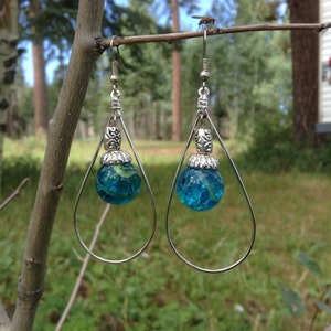 Blue Green Cracked Marble Hooped Earrings with Silver French Hooks
