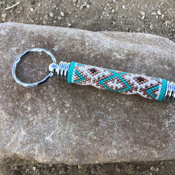 Southwest Copper and Turquoise Peyote Beaded Hidden Compartment Keychain