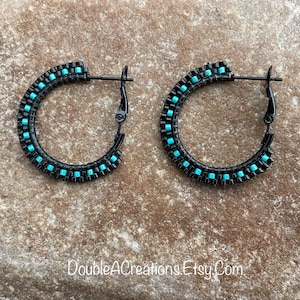 Turquoise and Black Beaded 1 inch Black Hoop Earrings
