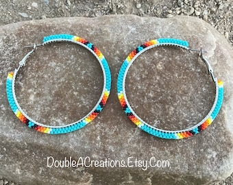 Turquoise with Native Colors Beaded 2 inch Hoop Earrings