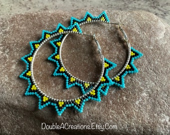 Turquoise and Yellow Sunburst Beaded 2 inch Hoops