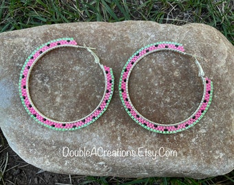 Pink Watermelon Beaded 2 inch Hoop Earrings