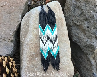 Black and Turquoise Peyote Beaded Earrings with Fringe