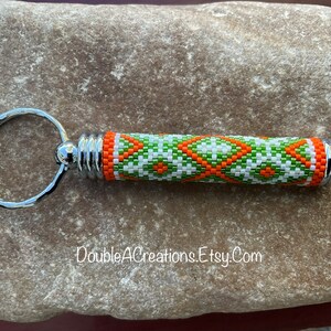 Orange Green and White Beaded Hidden Compartment Keychain