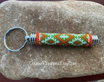 Orange Green and White Beaded Hidden Compartment Keychain