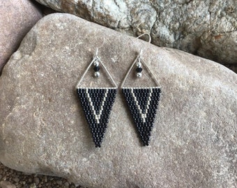 Black and Silver Triangle Beaded Earrings