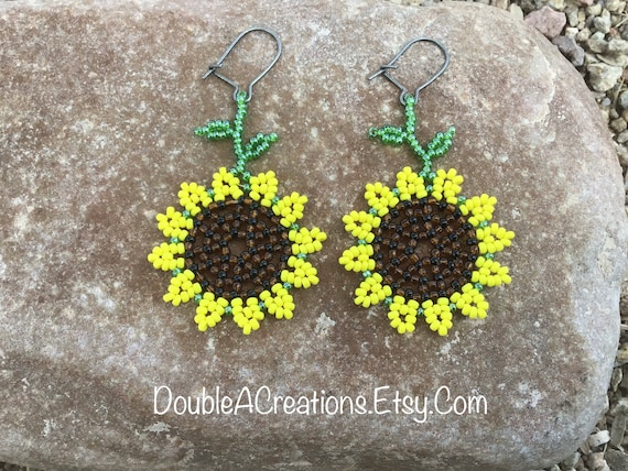 Yellow Sunflower Beaded Earrings Etsy Australia