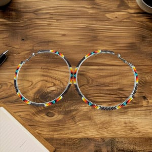 Chocolate with Native Colors Beaded 3 inch Hoop Earrings