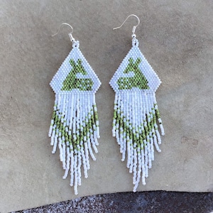 Picasso Green Fawn Beaded Earrings with Fringe