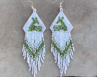 Picasso Green Fawn Beaded Earrings with Fringe