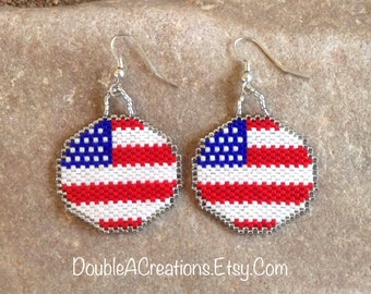 Round American Flag Beaded Earrings