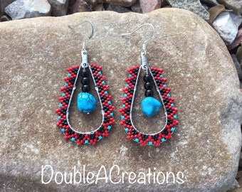 Red and Turquoise Beaded Hoops with Hanging Turquoise