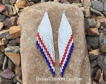 Red White and Blue Earrings with Angled Fringe