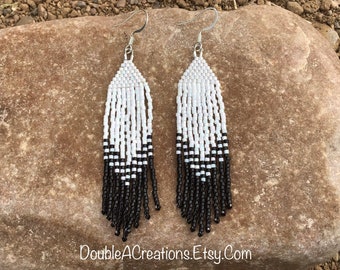 Black and White Beaded Earrings with Fringe