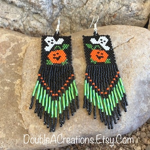 Ghost and Pumpkin Beaded Earrings with Fringe