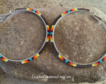 Chocolate Brown with Native Colors Beaded 3 inch Hoop Earrings