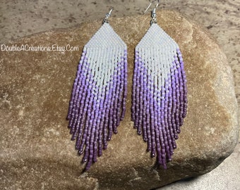 Lavender and White Beaded Earrings with Fringe