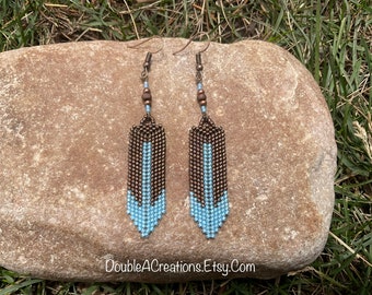 Brown and Sky Blue Feather Beaded Earrings