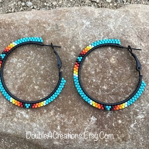 Turquoise with Native Colors Beaded 1 3/4 inch Black Hoop Earrings