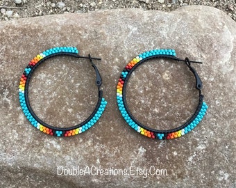 Turquoise with Native Colors Beaded 2 inch Black Hoop Earrings
