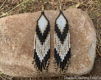 Gold and Black Beaded Earrings with Fringe