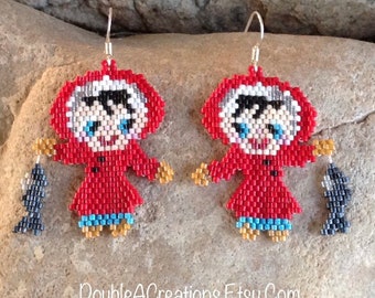 Eskimo Girl with her Catch of the Day Peyote Beaded Earrings