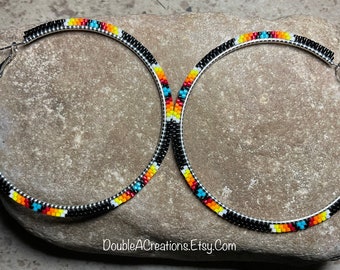 Black with Native Colors Beaded 3 inch Hoop Earrings