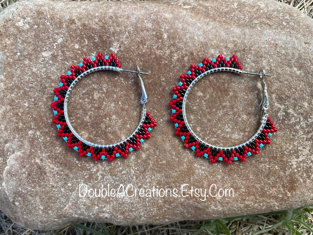 Red and Turquoise 1 1 4 Beaded Hoop Earrings Etsy