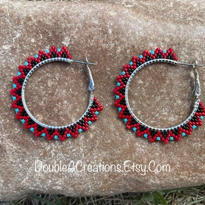 Red and Turquoise 1 1/4” Beaded Hoop Earrings