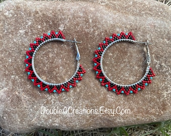 Red and Turquoise 1 1/4” Beaded Hoop Earrings