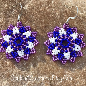Huichol Blue and Purple Flower Beaded Earrings