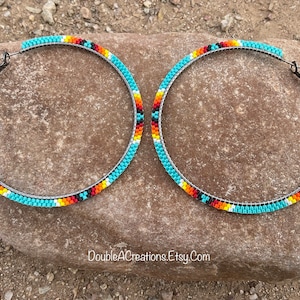 Turquoise with Native Colors Beaded 2.5 inch Hoop Earrings