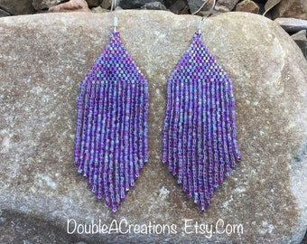 Purple Rainbow Lined Beaded Earrings with Fringe