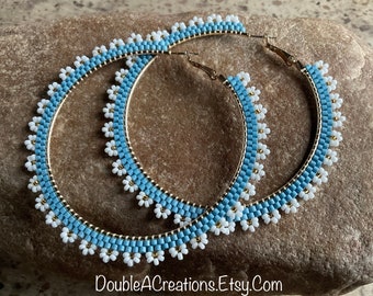 White Flower and Blue 3” Beaded Gold Hoops