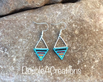 Turquoise with Native Colors Triangle Beaded Earrings