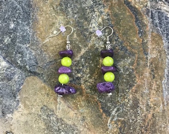 Lime Green and Dark Purple Chunky Beaded Earrings