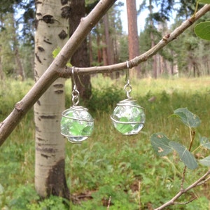 Wire Wrapped Green Cracked Marble Earrings with Silver French Hooks