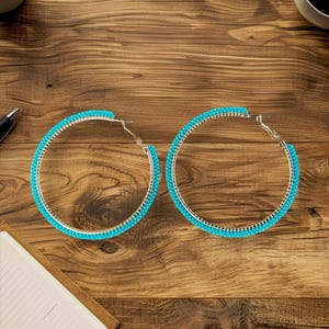 Turquoise Beaded 2 1/4” inch Beaded Gold Hoops
