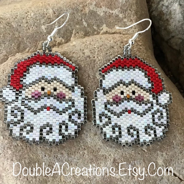 Santa Clause Face Trimmed in Silver Peyote Beaded Earrings