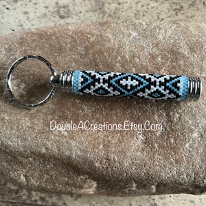 Southwest Sky Blue and Black Peyote Beaded Hidden Compartment Keychain
