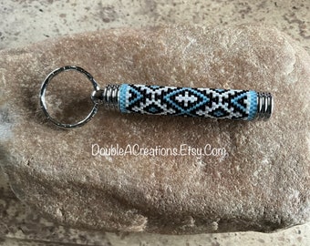 Southwest Sky Blue and Black Peyote Beaded Hidden Compartment Keychain