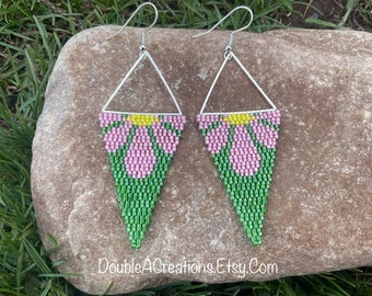Pink and Green Daisy Triangle Beaded Earrings