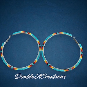 Turquoise with Native Colors Beaded 2 1/2 inch Hoop Earrings