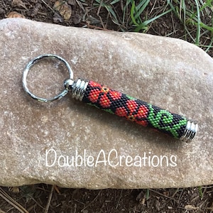 Dark Red Flowers Peyote Beaded Hidden Compartment Keychain