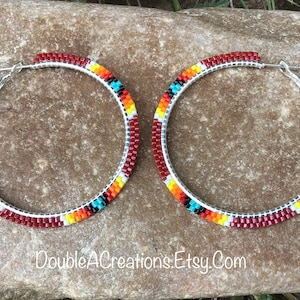 Red with Native Colors Beaded 2 inch Hoop Earrings