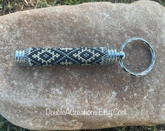 Black Silver and Gray Beaded Hidden Compartment Keychain