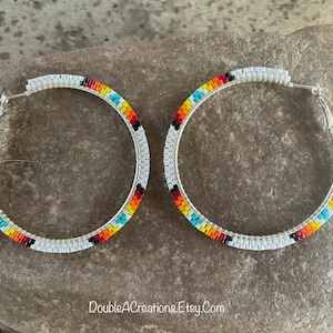 White with Native Colors Beaded 2 inch Hoop Earrings