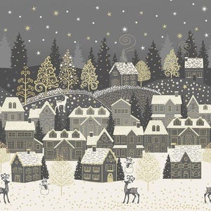 Könnte beinhalten: Ein Stoffmuster mit einer winterlichen Dorfszene, dunkelgrauen Häusern, schneebedeckten Dächern und goldfarbenen Bäumen. Das Design zeigt stilisierte Hirsche, Schneemänner und einen sternenklaren Nachthimmel über einer verschneiten Landschaft im Druck.
